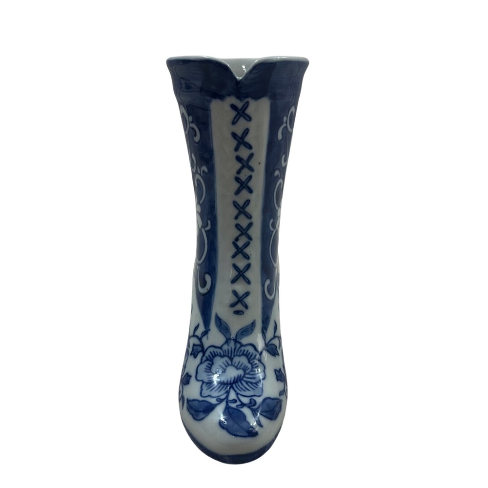 Blue and White Porcelain Floral Boot Vase Chinoiserie Victorian Shoe Figurine